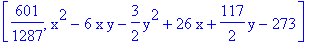 [601/1287, x^2-6*x*y-3/2*y^2+26*x+117/2*y-273]
